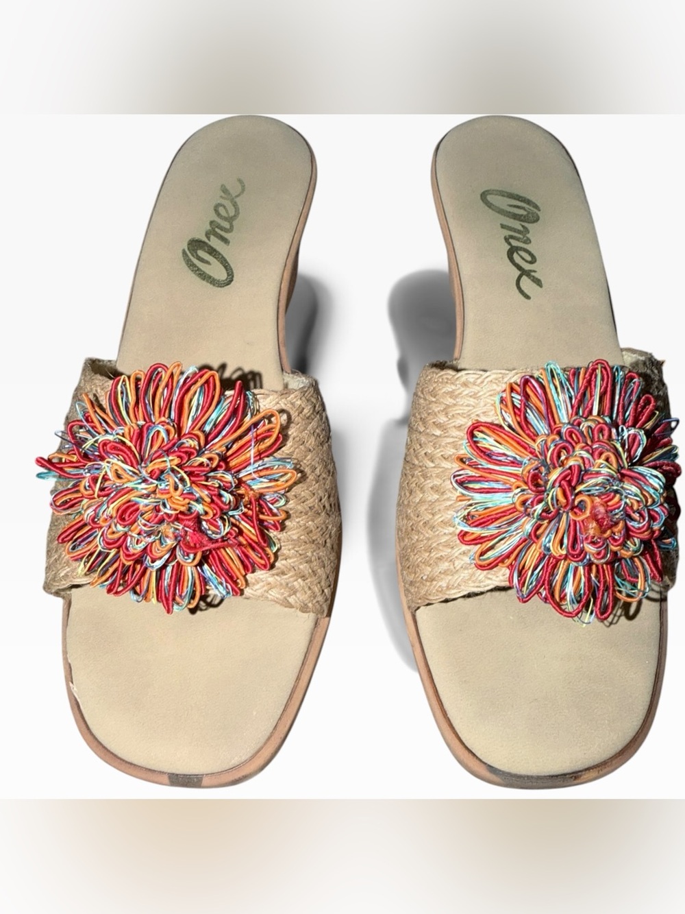 Onex Natural Raffia Slide Sandals with Multicolor Flower Accent